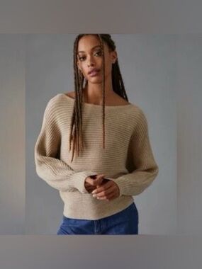 By Anthropologie Ribbed Pullover Sweater Beige Off Shoulder Neutral Size Medium